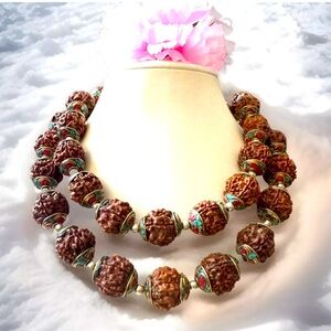 Vintage & unique Rudraksha Yoga mala necklace With Brass Cap Inlay Turquoise 35”